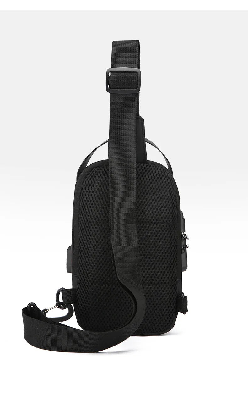 Black anti-theft crossbody sling bag featuring a breathable mesh back panel, adjustable strap and side USB charging port.