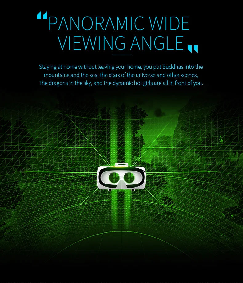 White smartphone VR headset with black face padding, centred against a green panoramic digital grid background.