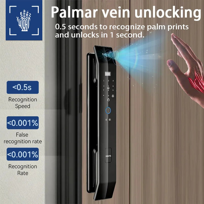 Smart door lock with palm vein scanner demonstrating rapid unlocking using hand vein recognition.