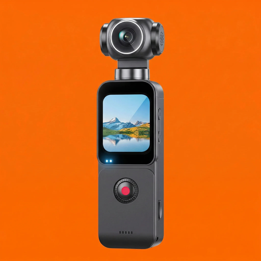 Grey handheld 4K gimbal camera with a touchscreen display showing a mountain landscape, set against an orange background.