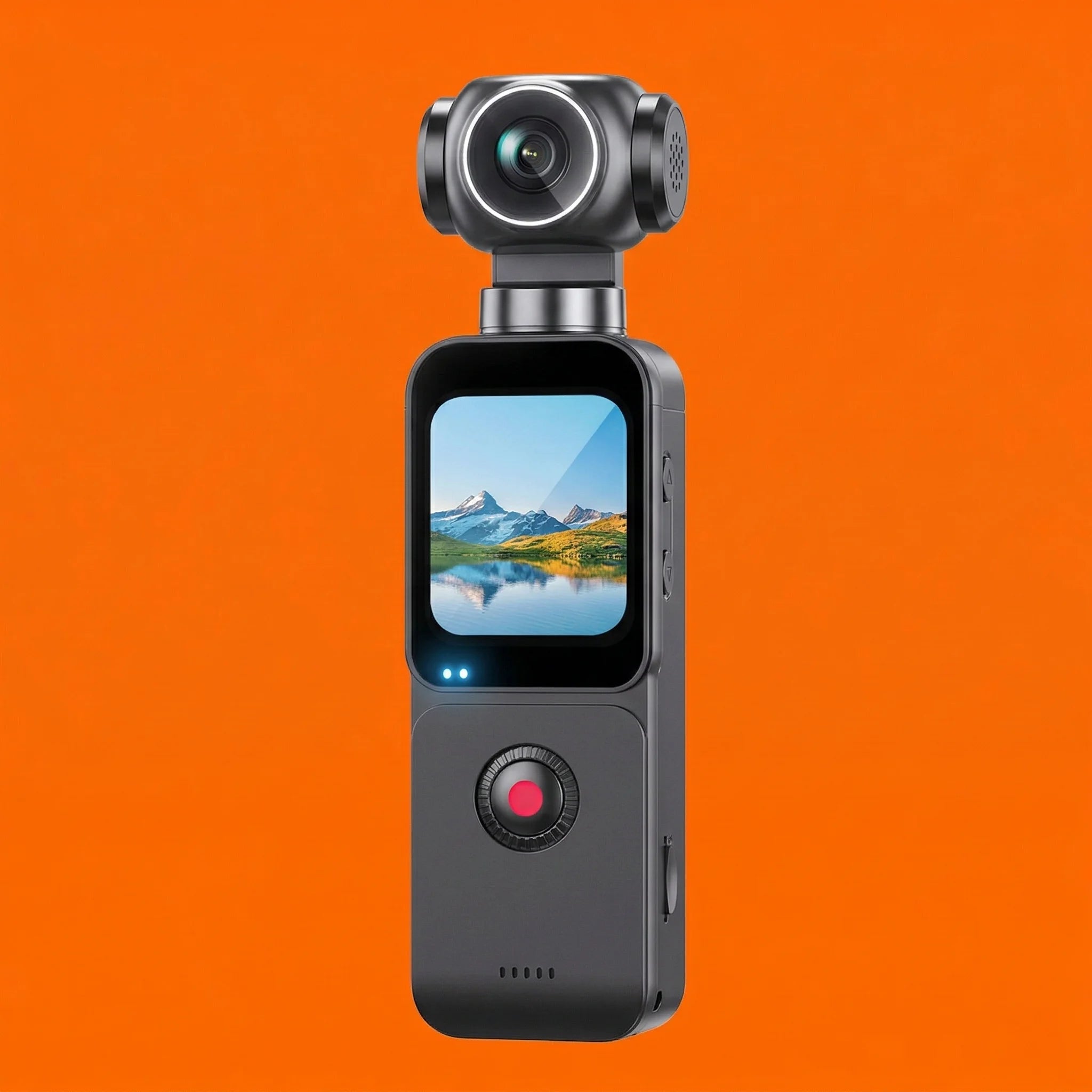 Grey handheld 4K gimbal camera with a touchscreen display showing a mountain landscape, set against an orange background.