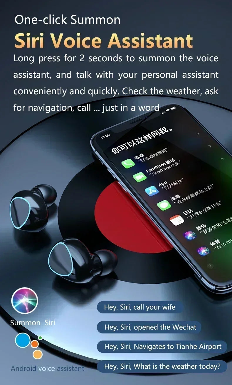 Glossy black wireless earbuds with a glowing blue circular accent, shown next to a smartphone displaying voice commands.