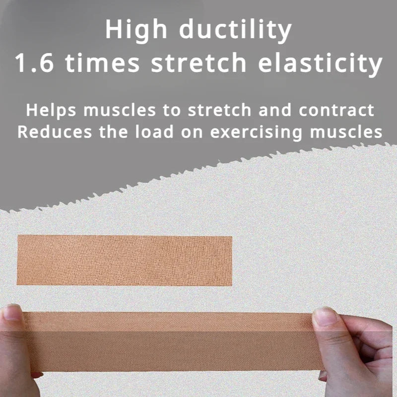 Hands stretching a beige kinesiology sports tape against a background text highlighting its high elasticity.