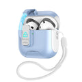 Light blue, hardshell locking case for AirPods Pro with a white wrist lanyard.