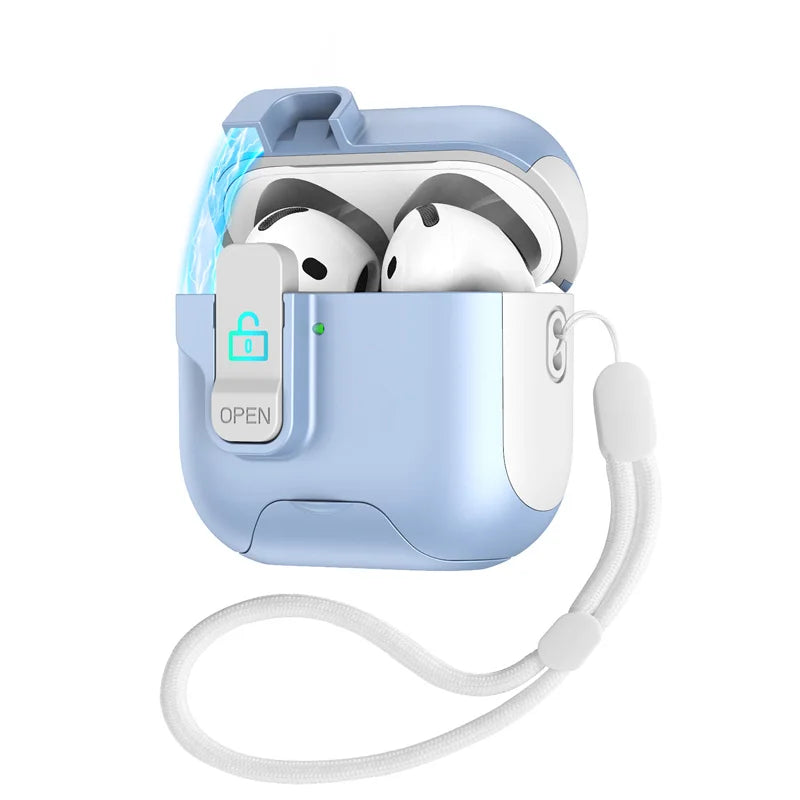 Light blue, hardshell locking case for AirPods Pro with a white wrist lanyard.