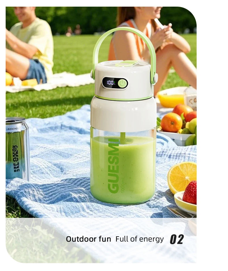 Portable electric blender in white and light green, featuring a digital display, handle, and a large glass container.