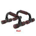 Pair of black push-up bars with red foam-padded handles, set against a white background.