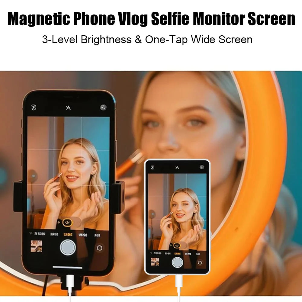 White magnetic selfie monitor screen with 3 brightness levels, shown attached to a smartphone for vlogging.