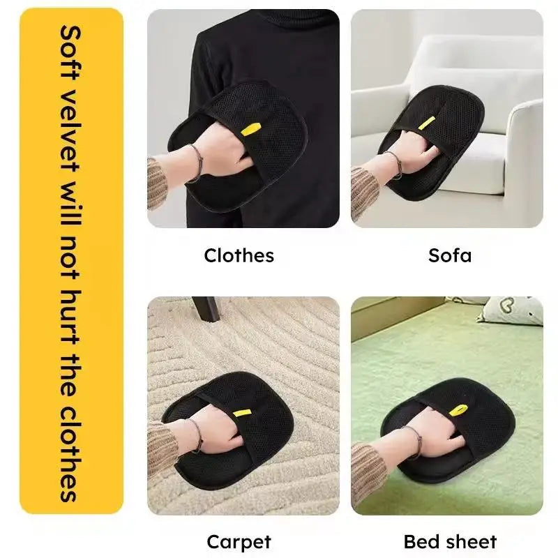 Black velvet lint remover mitt shown cleaning a shirt, sofa, carpet, and bed sheet.