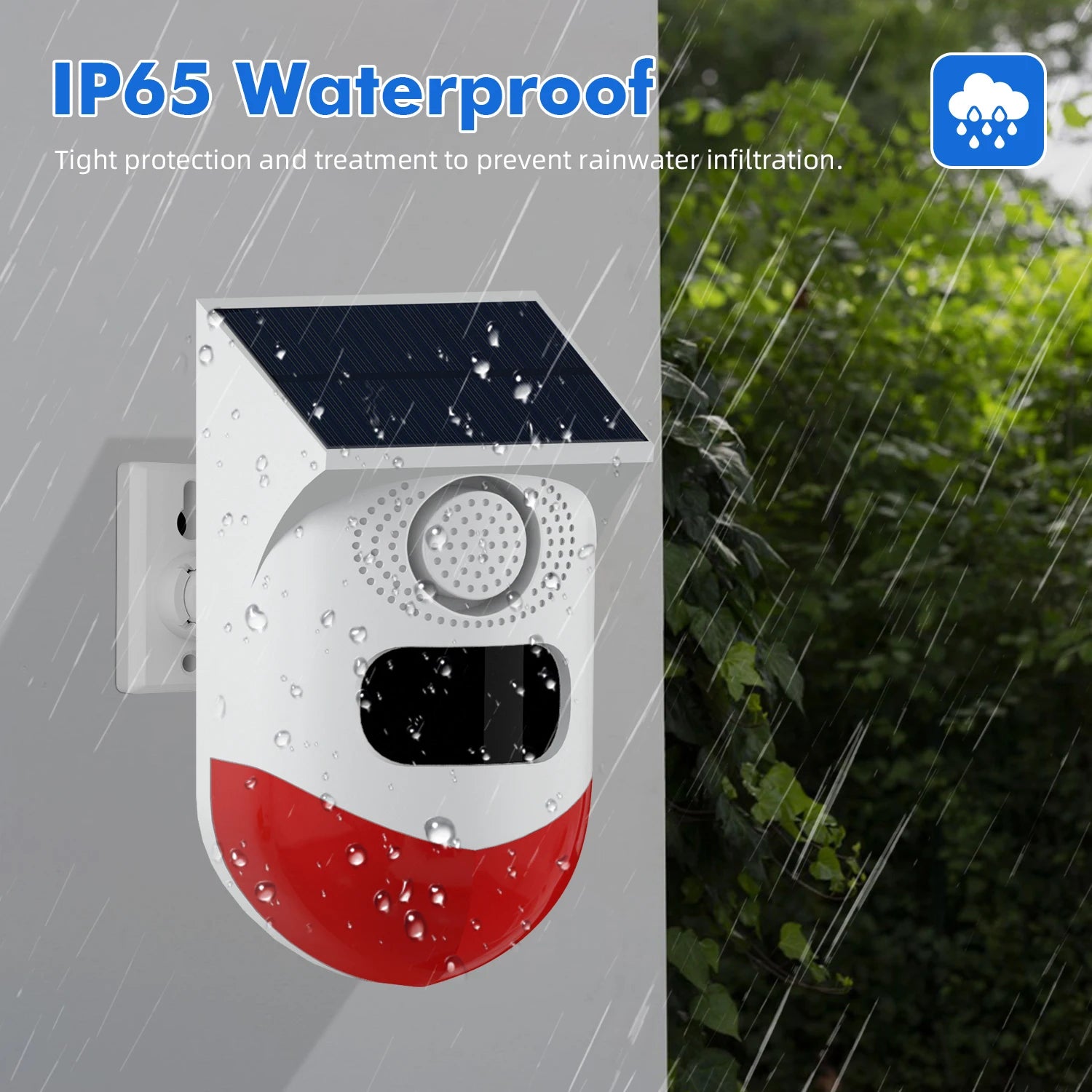 White and red solar-powered wireless motion security alarm mounted on a wall in the rain. IP65 waterproof rated.