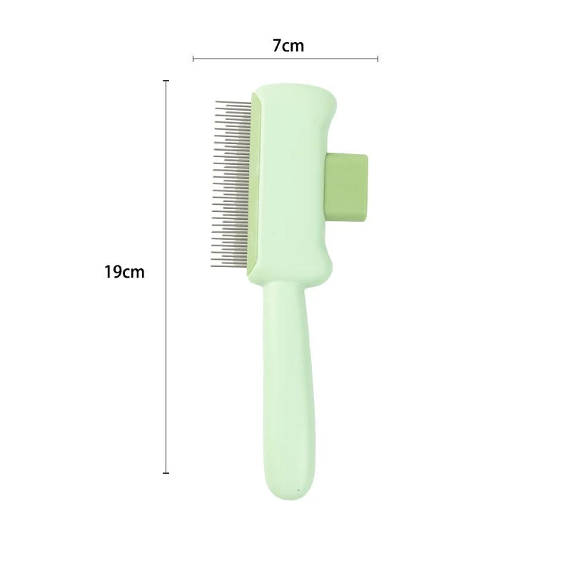 Light green pet grooming brush with fine metal bristles and dimensions labeled as 7cm wide and 19cm long.
