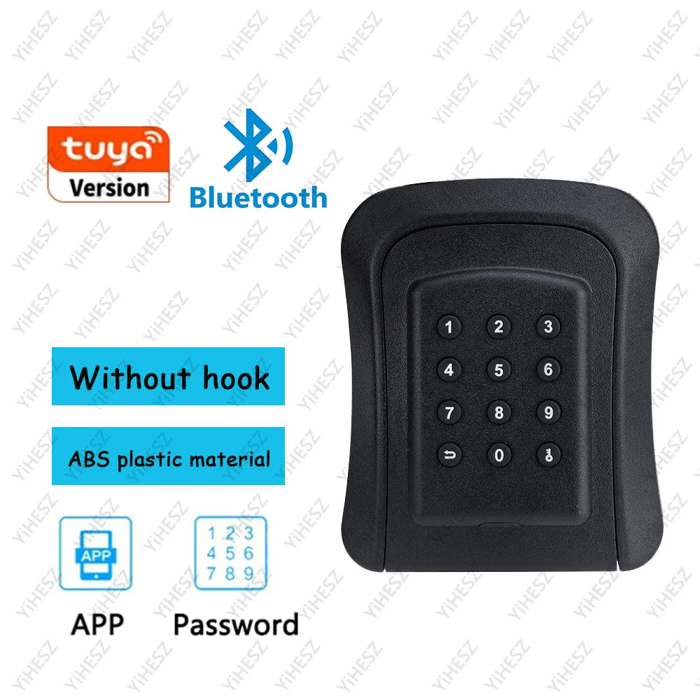 Black ABS plastic keypad door lock with Tuya Bluetooth app and password entry features.