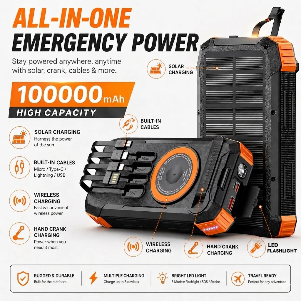 Rugged black and orange 100,000mAh solar power bank with wireless charging, built-in cables, hand crank, and LED torch.
