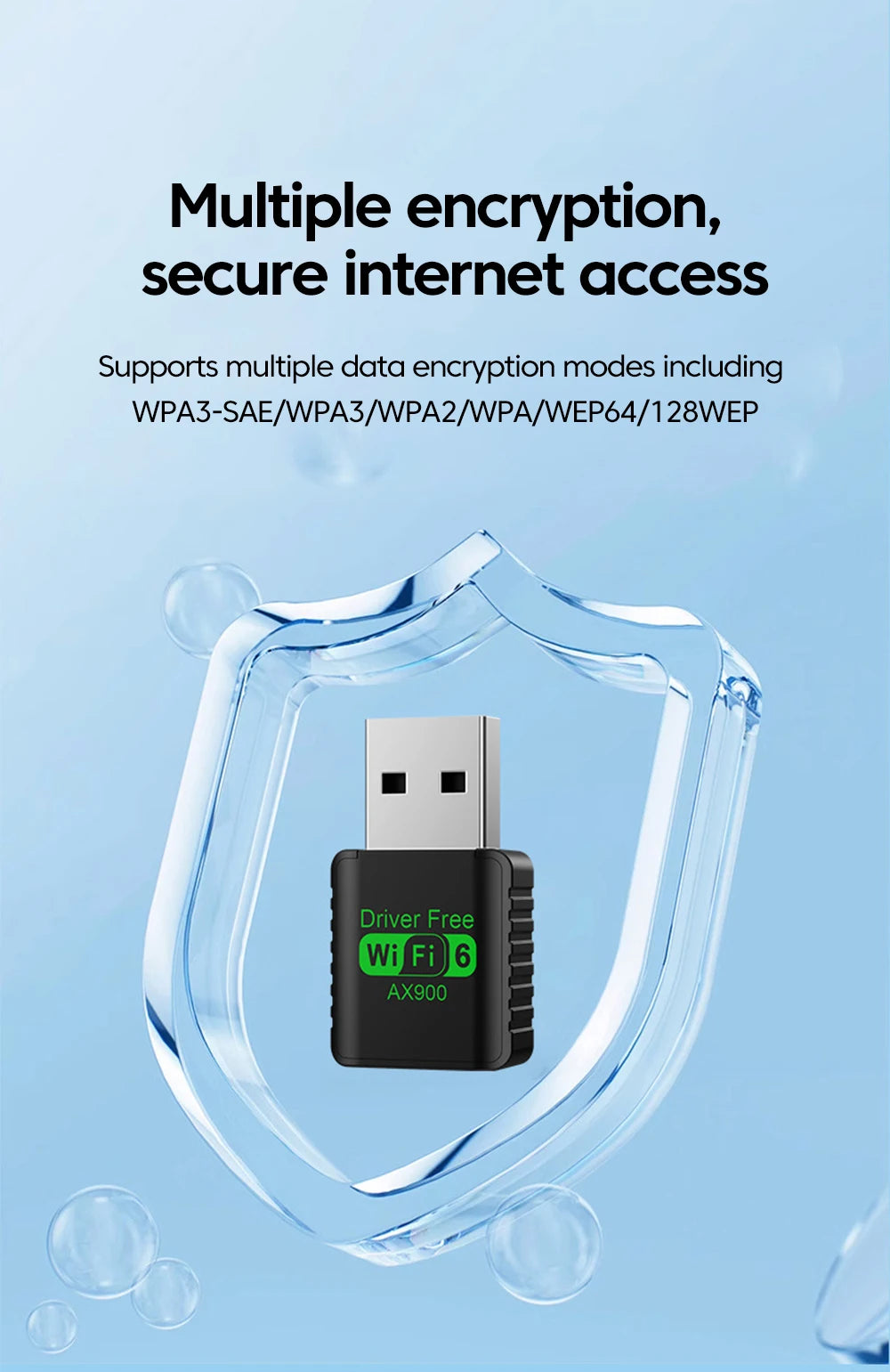Black, compact USB WiFi 6 and Bluetooth adapter with driver-free technology, framed by a protective glass shield icon.