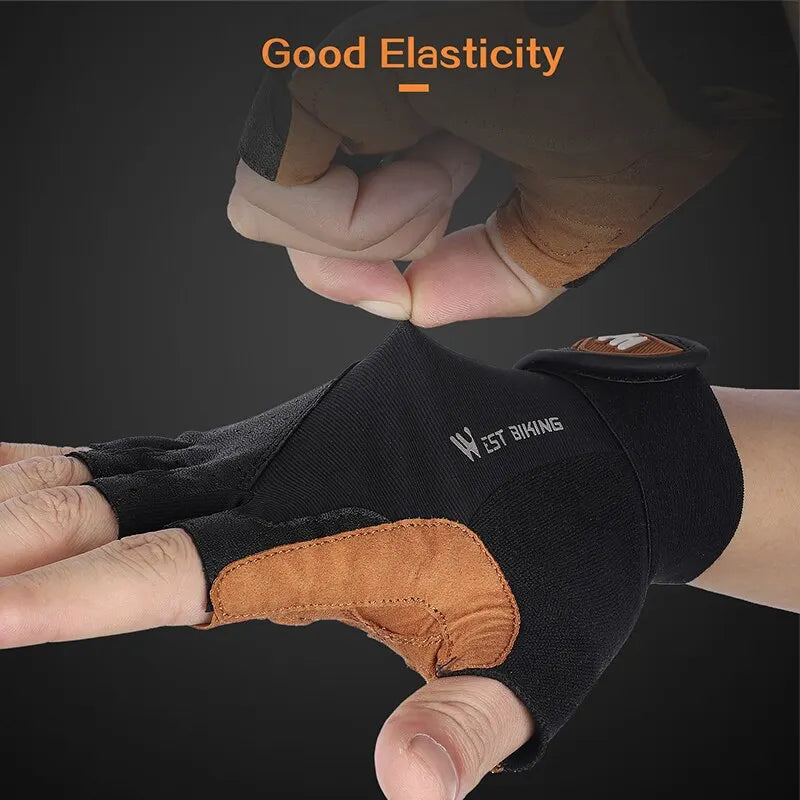 Close-up of a fingerless black and tan West Biking glove being stretched to demonstrate fabric elasticity.