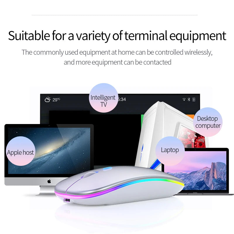Sleek, ergonomic silver wireless mouse with ambient RGB side lighting, displayed with various compatible devices.