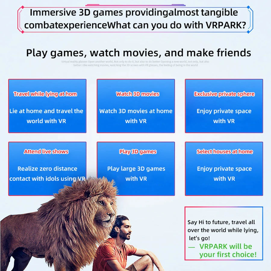 Promotional graphic for a VR headset featuring a man and a lion, with text highlighting virtual reality applications.
