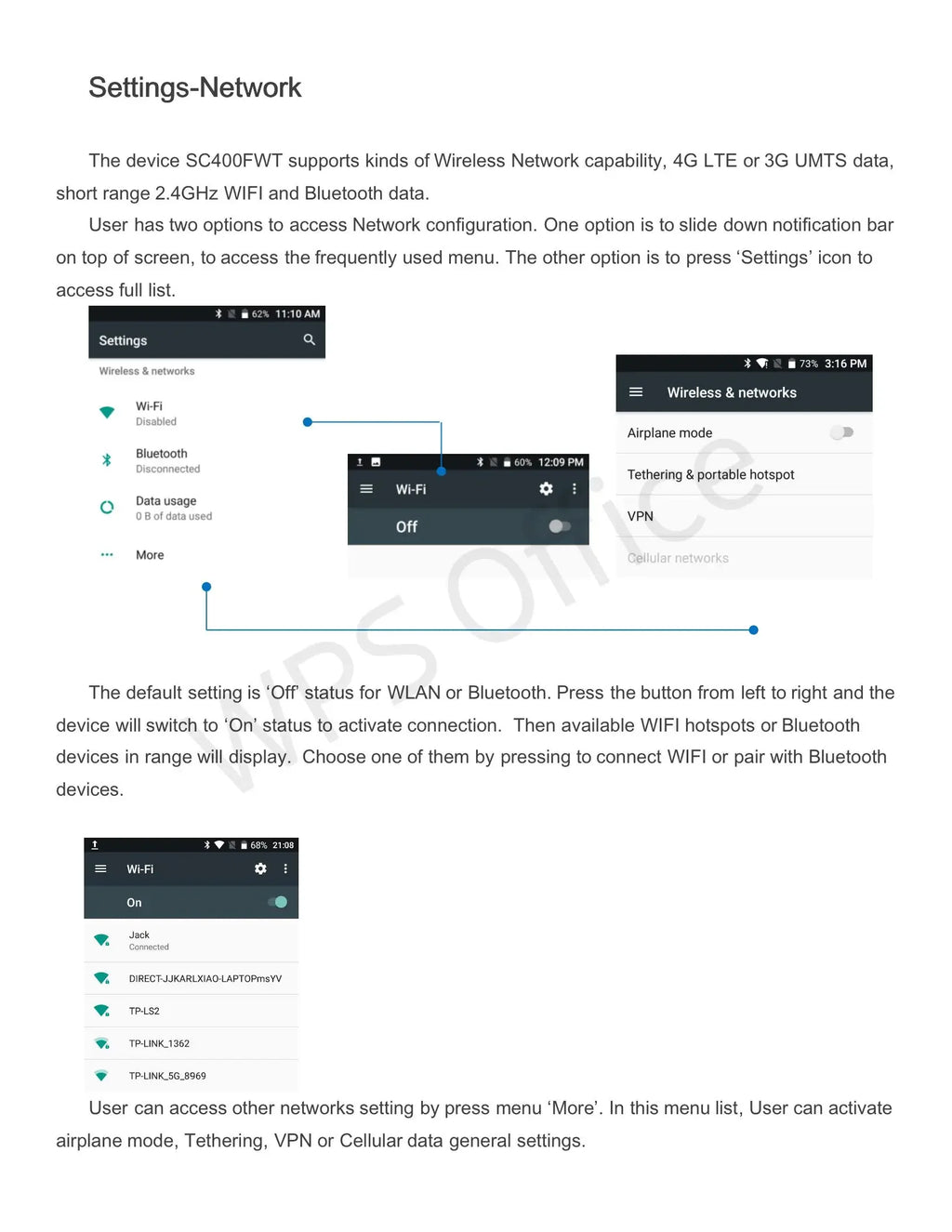 Instructions showing network and Wi-Fi settings menus on an Android smartphone interface.