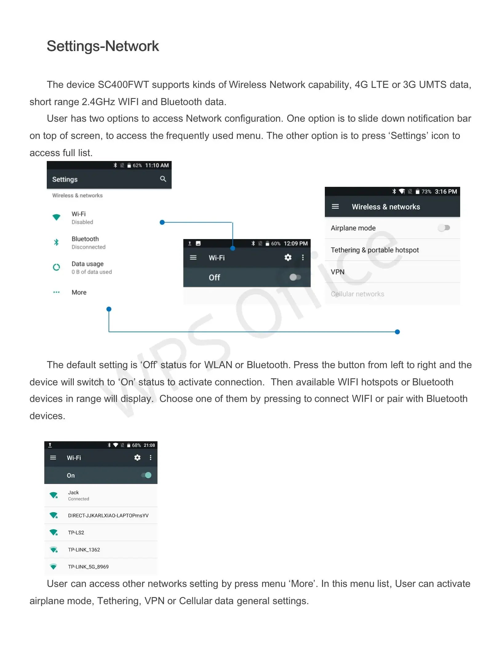 Instructions showing network and Wi-Fi settings menus on an Android smartphone interface.