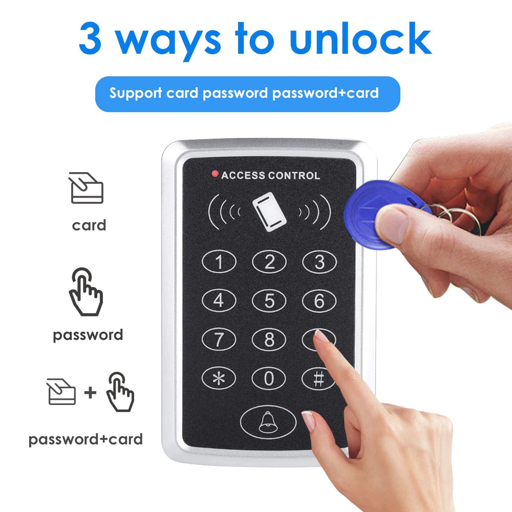 Silver plastic access control keypad with black buttons for card or password entry.