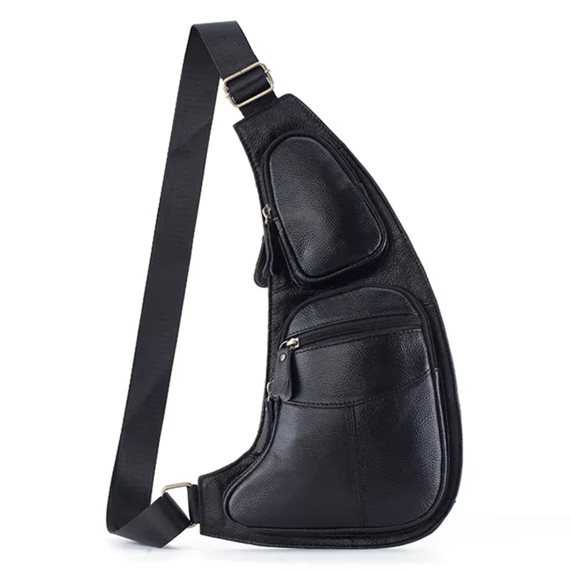 Black leather-look teardrop sling bag with an adjustable strap and multiple zipped front pockets.