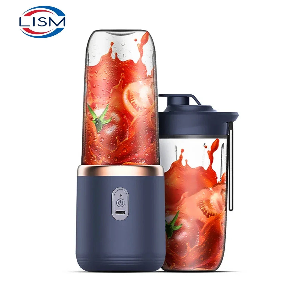 Portable navy blue blender with a rose gold ring, showing tomato juice inside transparent cups.