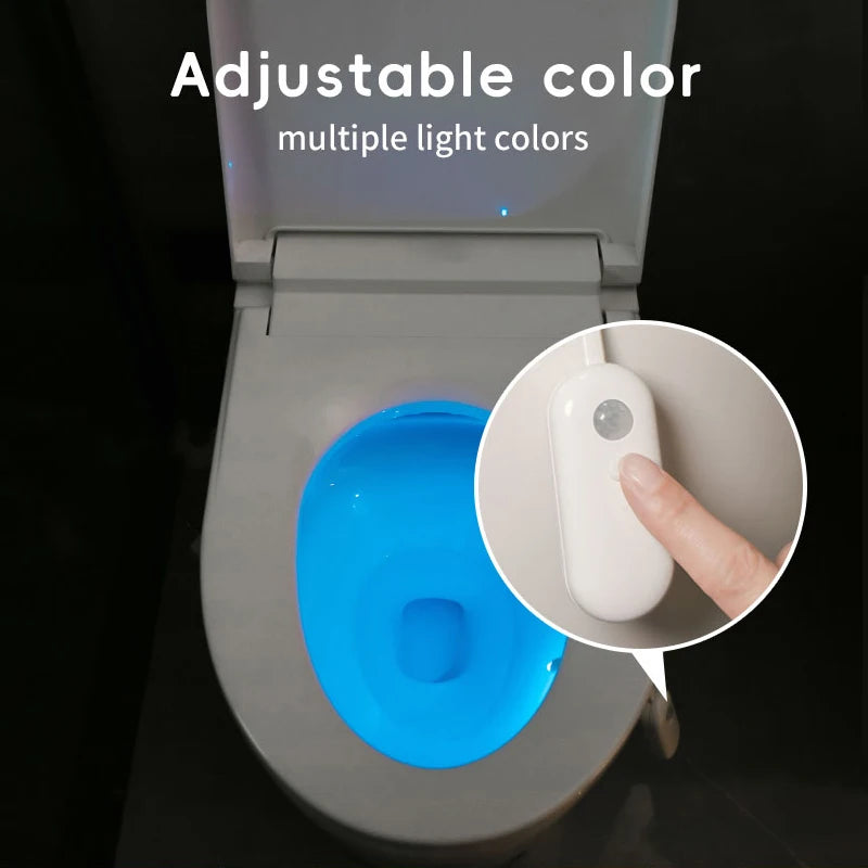 USB-rechargeable motion-sensor toilet light casting a vibrant blue glow, with an inset showing the white control unit.