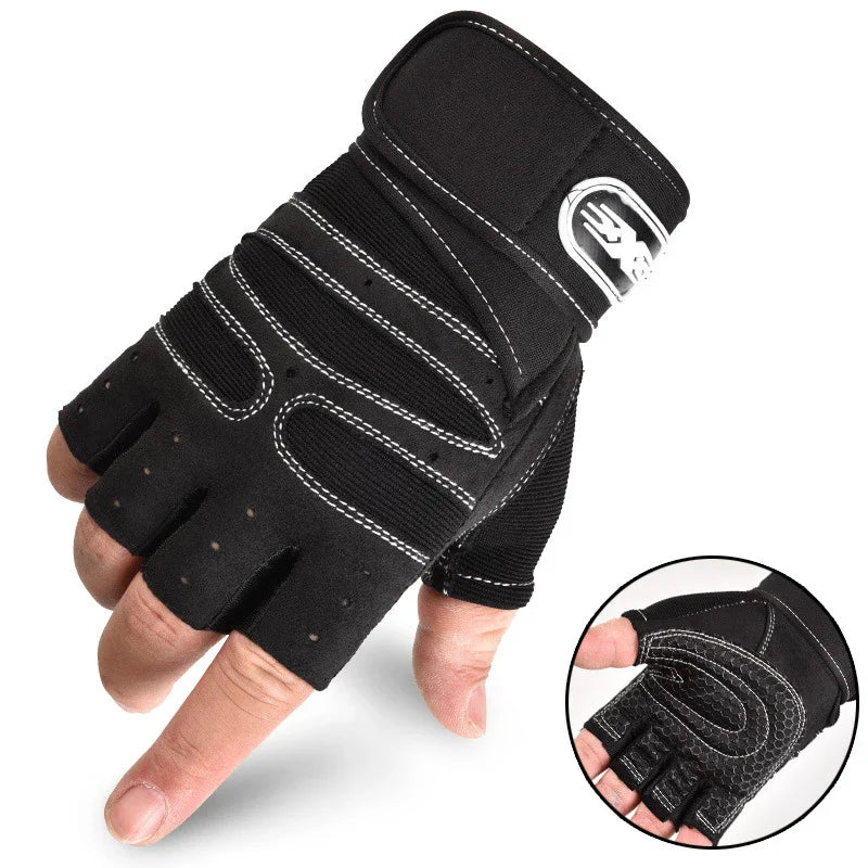 Black fingerless gym gloves with white contrast stitching, a wrist strap, and textured palm grip.