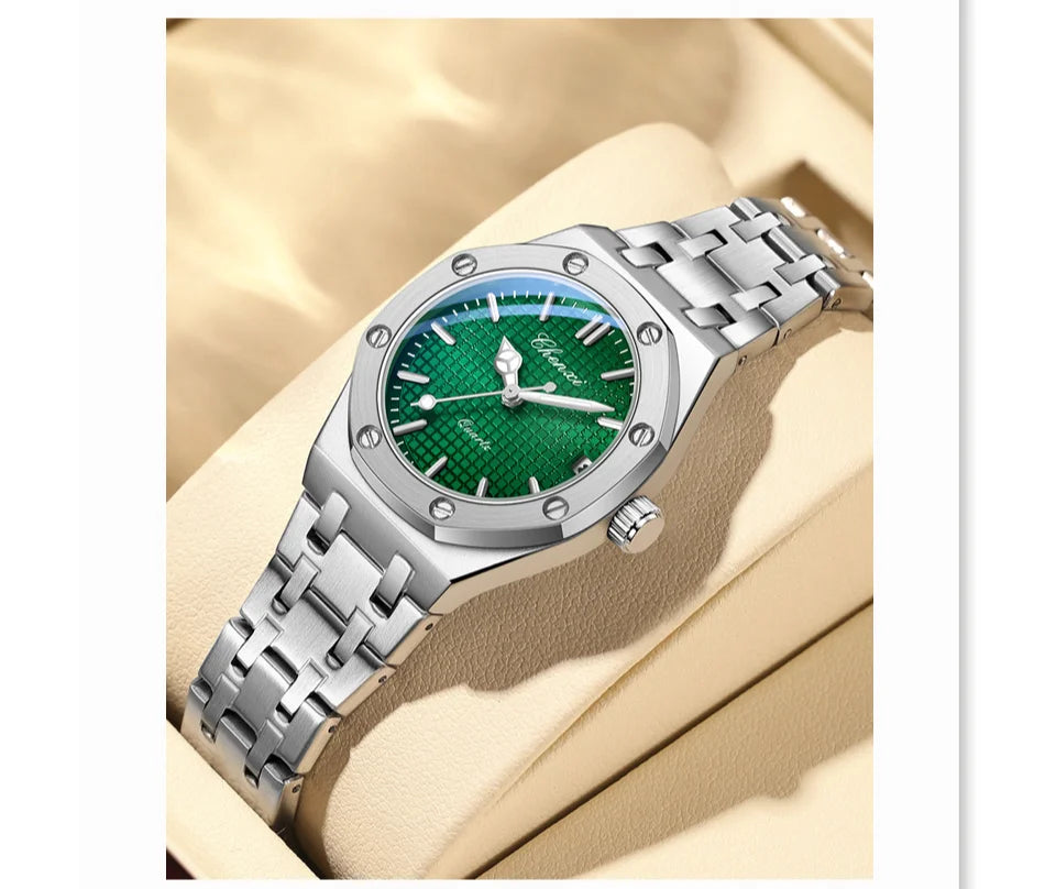 Luxury women’s analogue watch featuring a silver stainless steel bracelet and a textured emerald green dial.