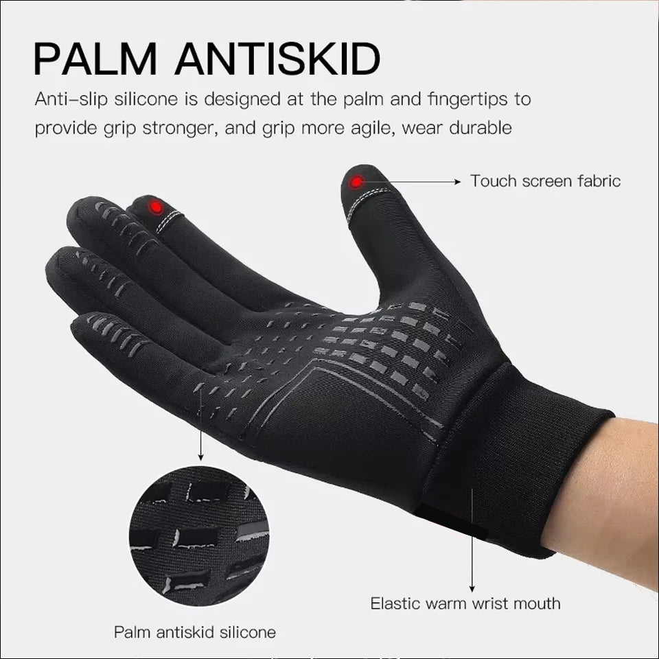Black thermal glove with silicone grip pattern, touch-screen compatible fingertips, and an elasticated wrist.