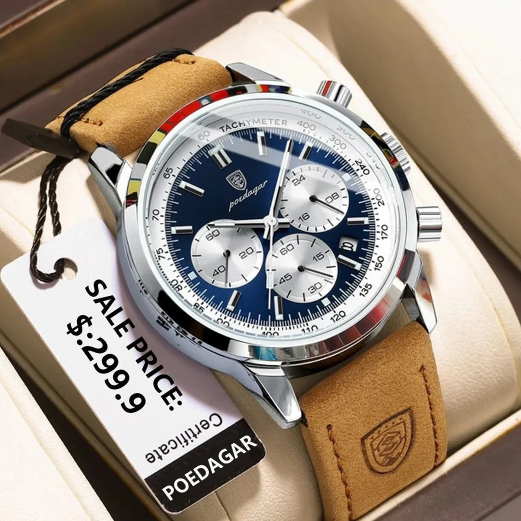 POEDAGAR chronograph watch with round silver case, blue dial, silver sub-dials, and tan leather strap.