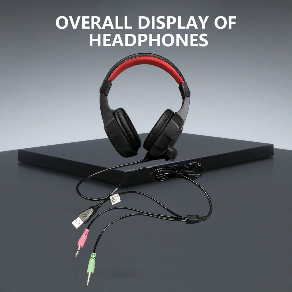 Black wired over-ear gaming headset with red inner headband padding and multiple plug connectors.