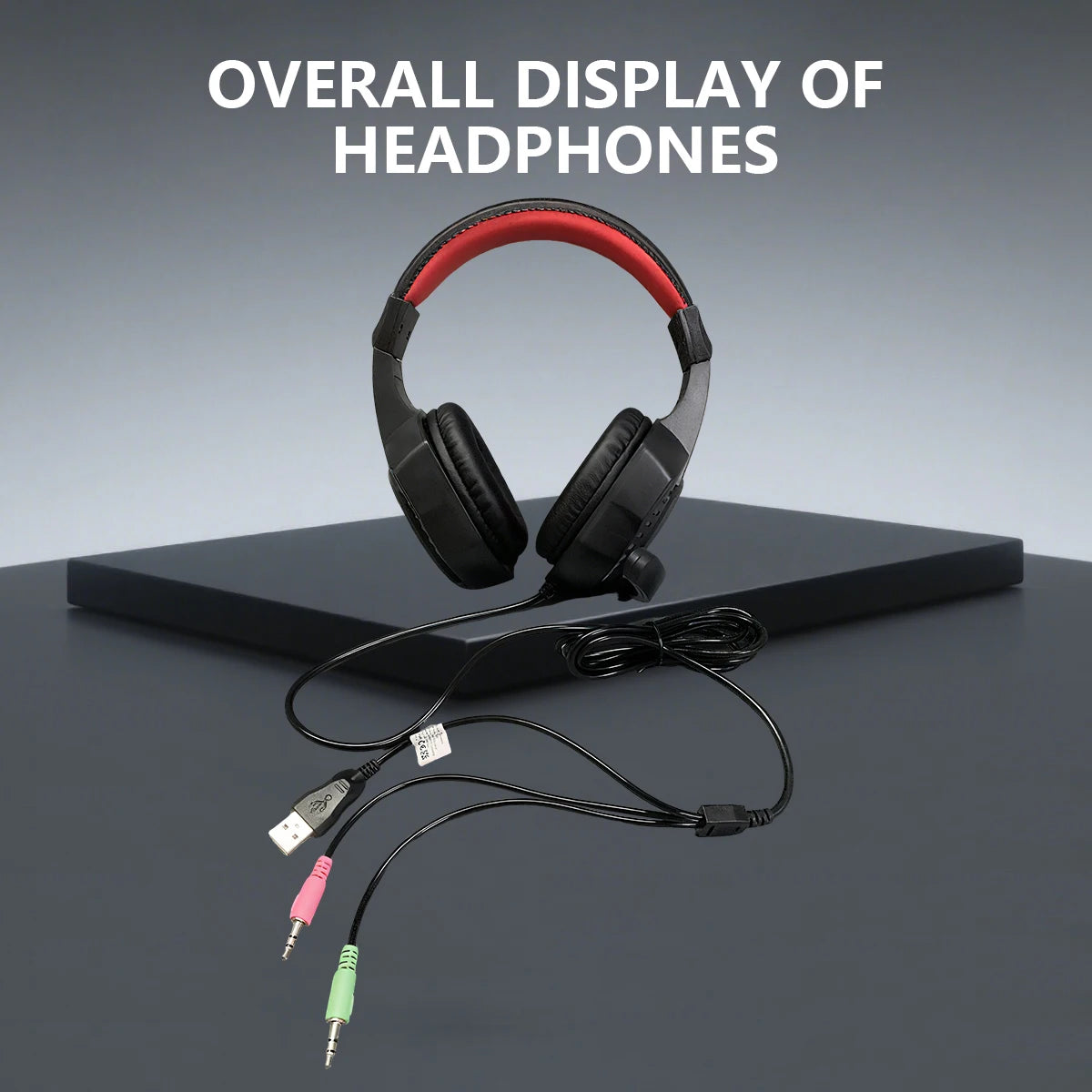 Black wired over-ear gaming headset with red inner headband padding and multiple plug connectors.