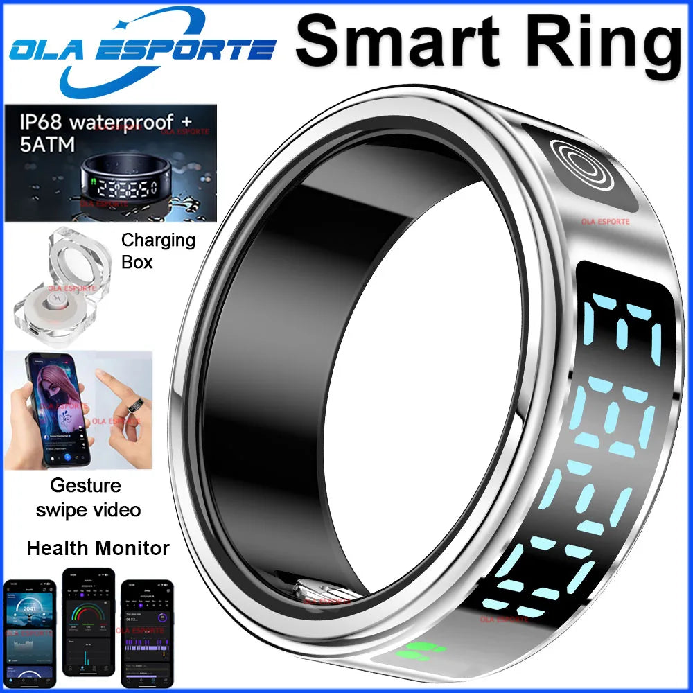 Sleek silver smart ring with a digital touch display, health tracking, charging case, and gesture control features.