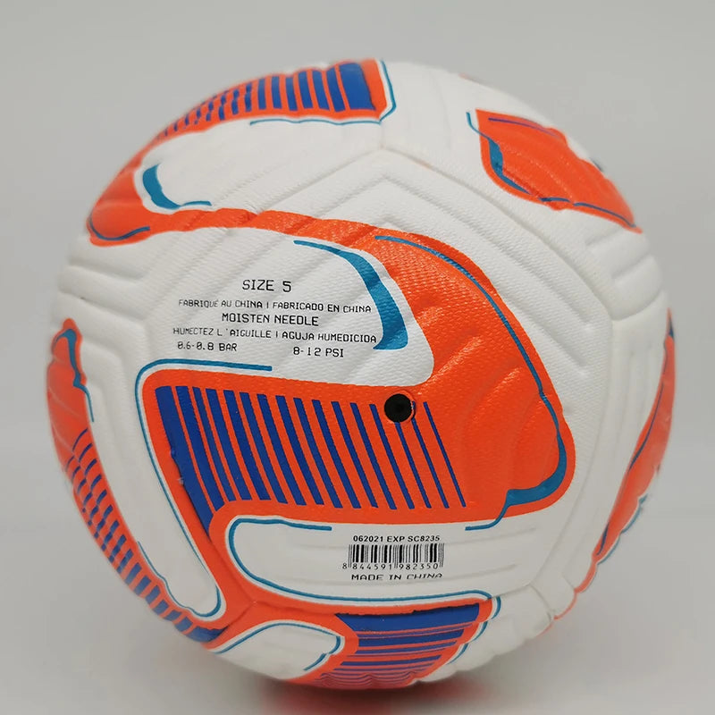 Size 5 football in white with vibrant orange and blue abstract graphic panels, featuring a textured surface.