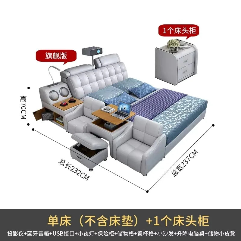 Modern grey double bed with padded headboard, integrated storage, side chairs, projector, and laptop table.