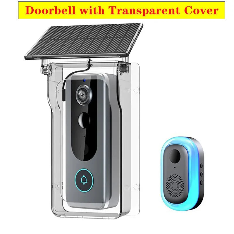 Smart video doorbell in a transparent rain cover with a solar panel and a separate wireless internal chime unit.