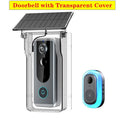 Smart video doorbell in a transparent rain cover with a solar panel and a separate wireless internal chime unit.