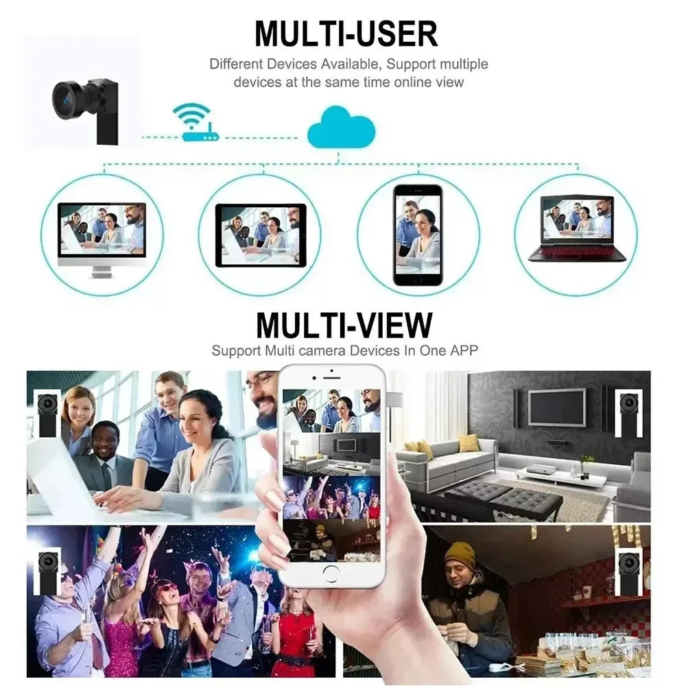 Black plastic security camera shown in a diagram demonstrating multi-user and multi-view mobile app connectivity.