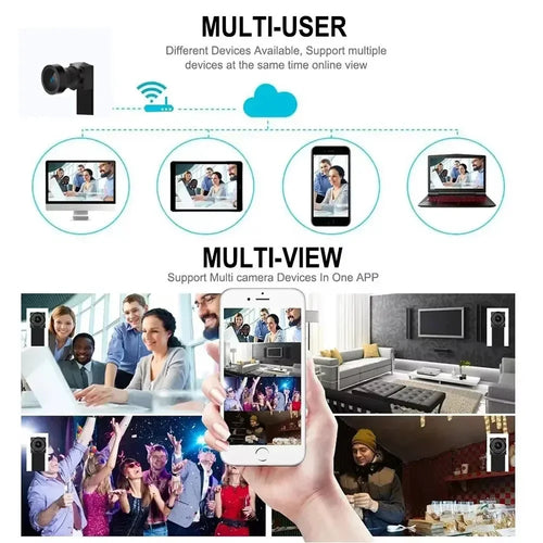 Black plastic security camera shown in a diagram demonstrating multi-user and multi-view mobile app connectivity.