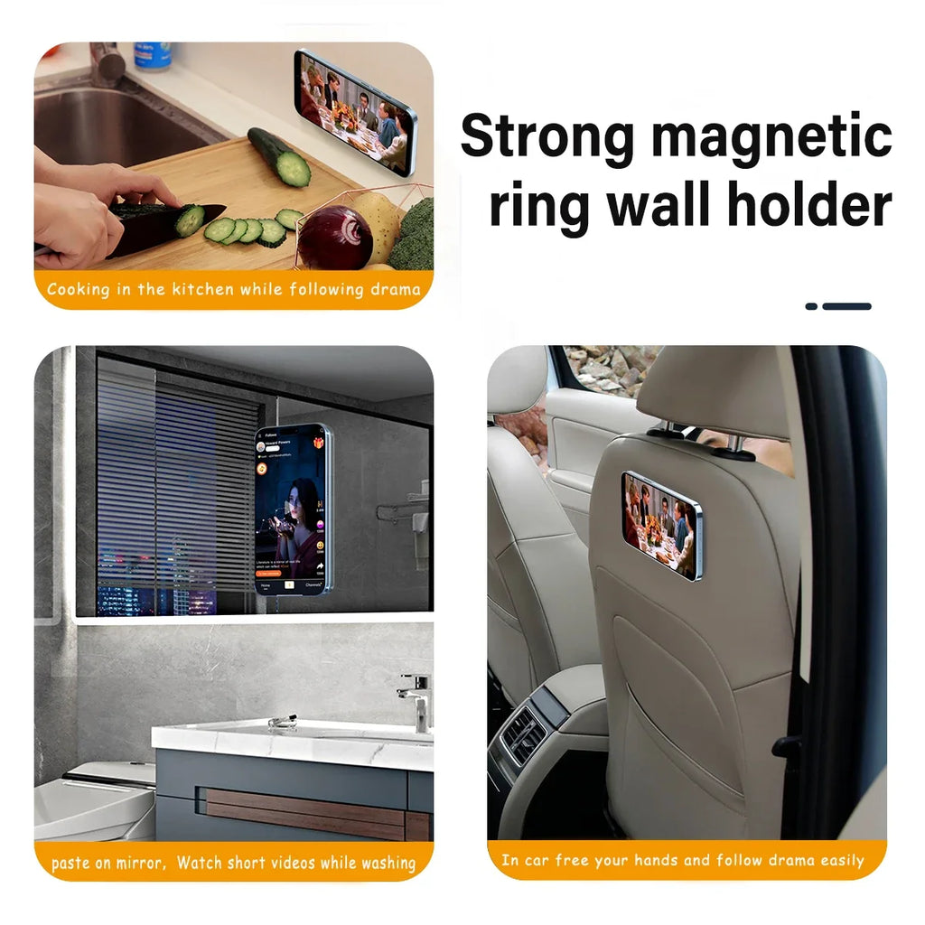 Magnetic ring phone wall mount shown in various home and car settings, enabling hands-free viewing on flat surfaces.
