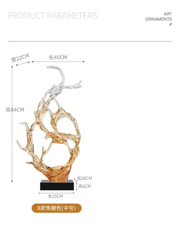 A modern abstract resin ornament featuring flowing amber and clear forms on a black square base.