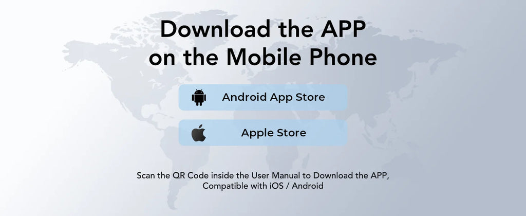 Graphic with world map background showing app download instructions for Android and iOS mobile devices.