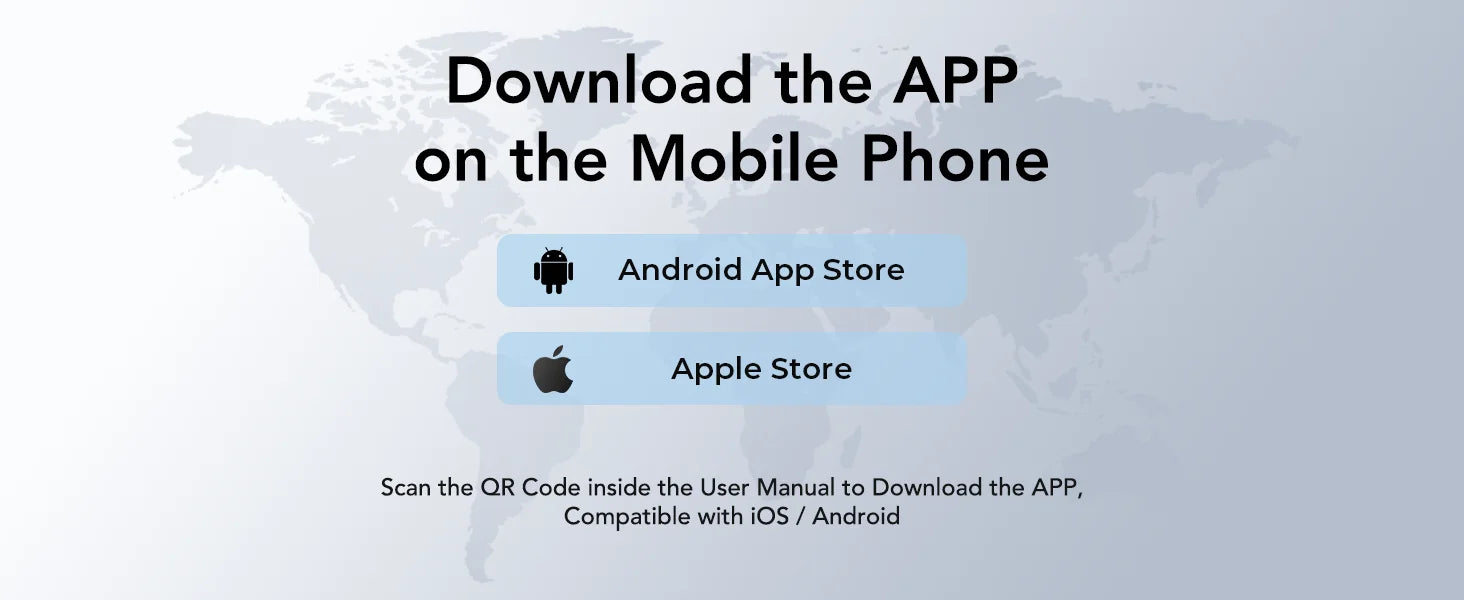 Graphic with world map background showing app download instructions for Android and iOS mobile devices.