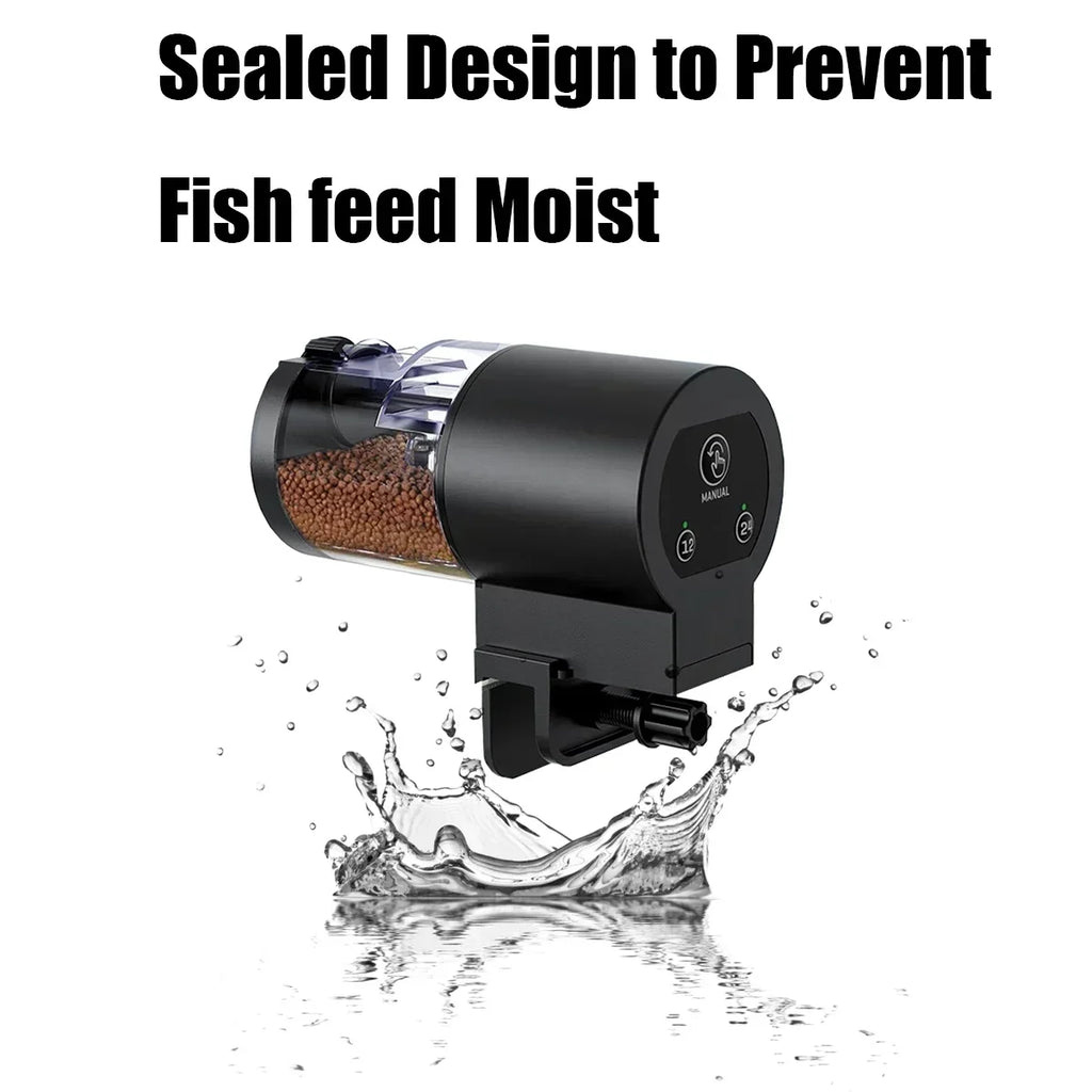 Black automatic fish feeder with a clear food drum and digital control buttons, mounted on a base.