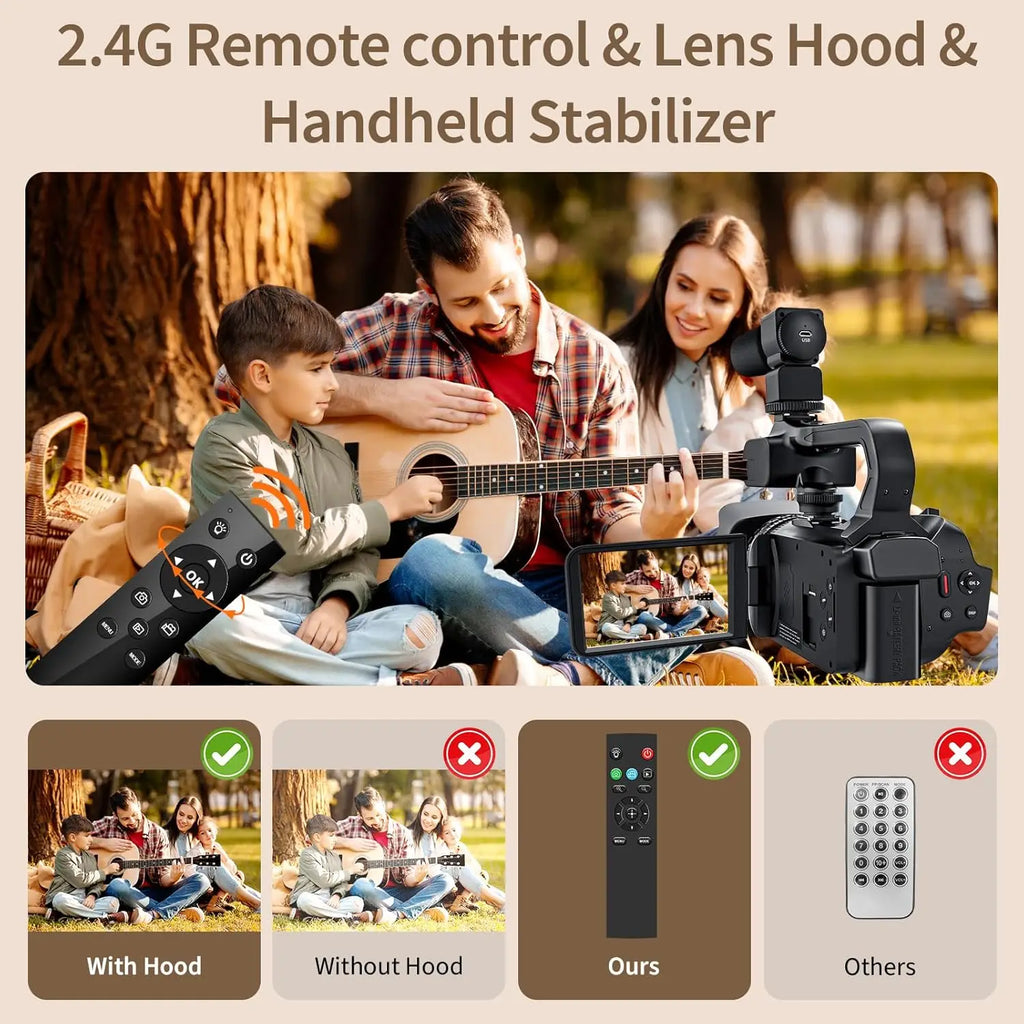 Black plastic video camera with a lens hood, handheld stabilizer, and a 2.4G remote control.