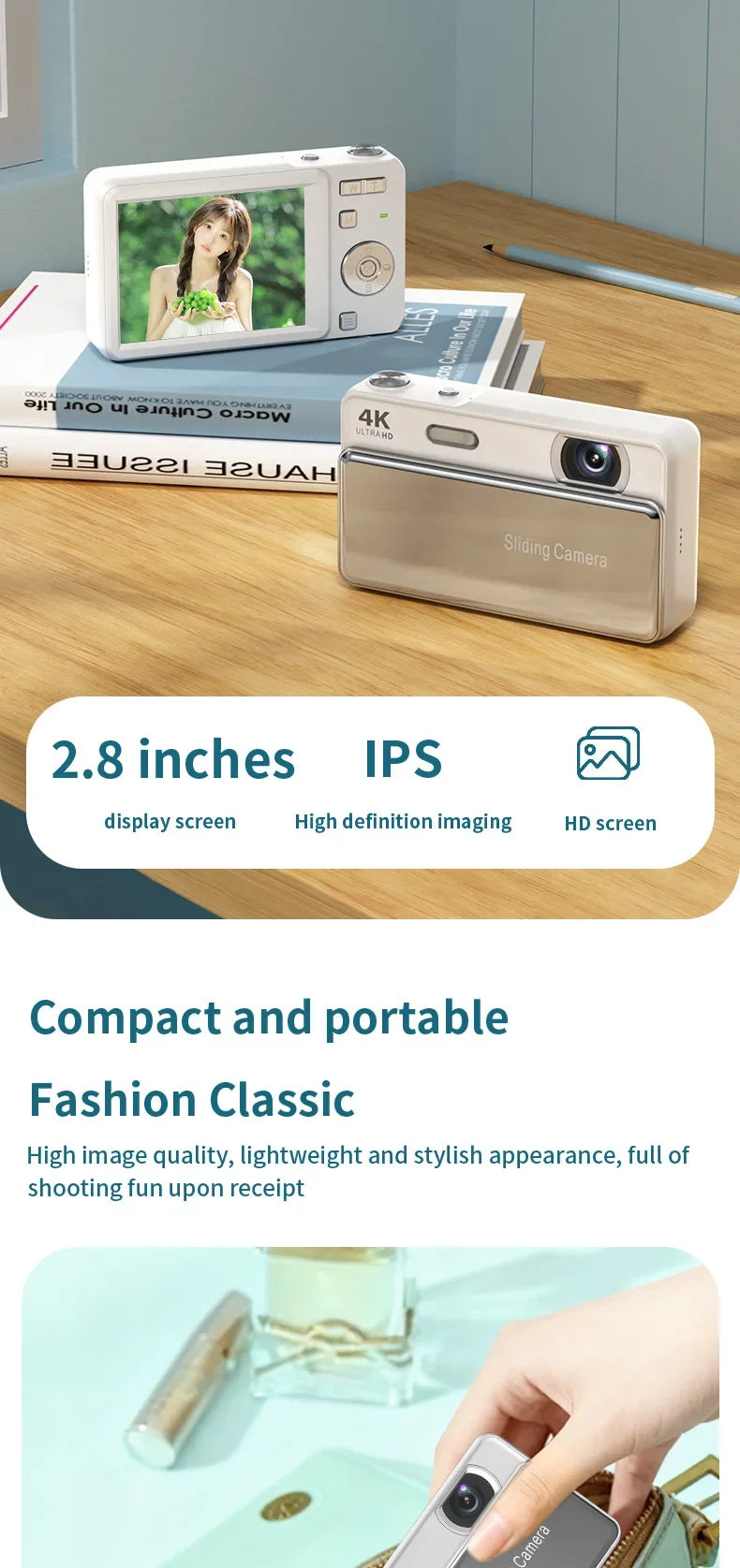 Compact white 4K digital camera with a sliding lens cover, 2.8-inch IPS screen, and portable, stylish design.