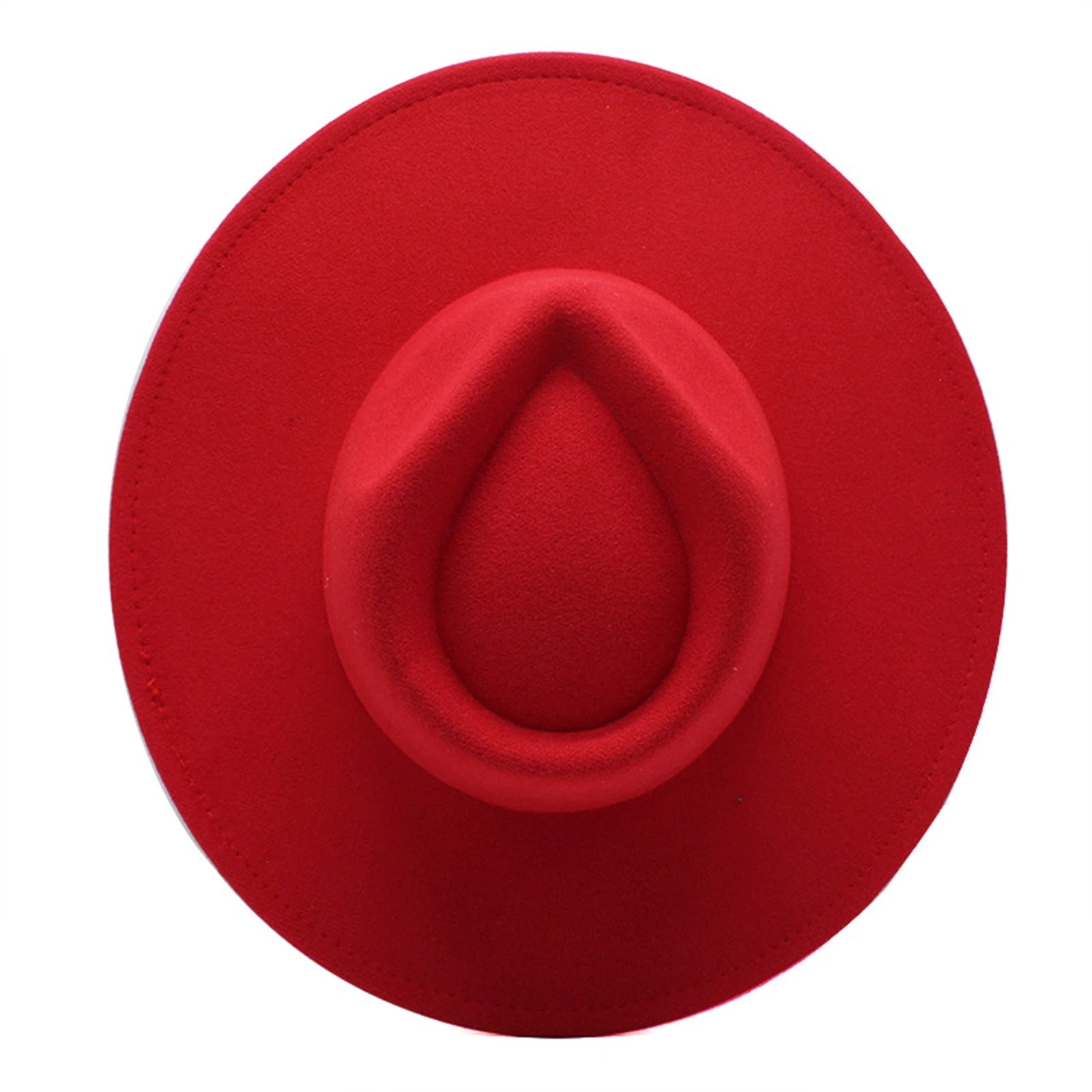 A top-down view of a bright red vintage-style felt fedora hat with a pinched crown, isolated on white.