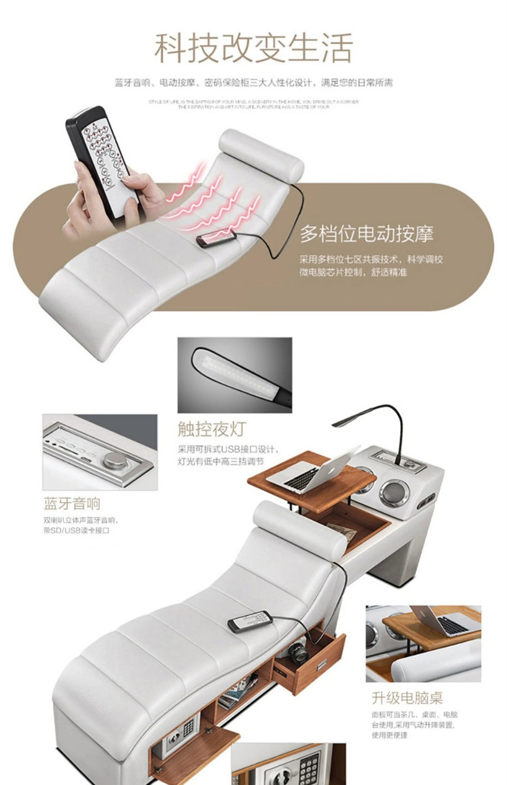 Modern white upholstered storage bed with integrated massage, Bluetooth speakers, reading light, and lift-up desk.