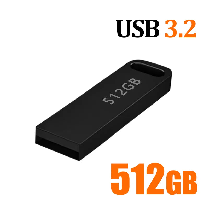 A sleek, black 512GB USB 3.2 flash drive featuring a compact, portable design with a convenient keyring loop.